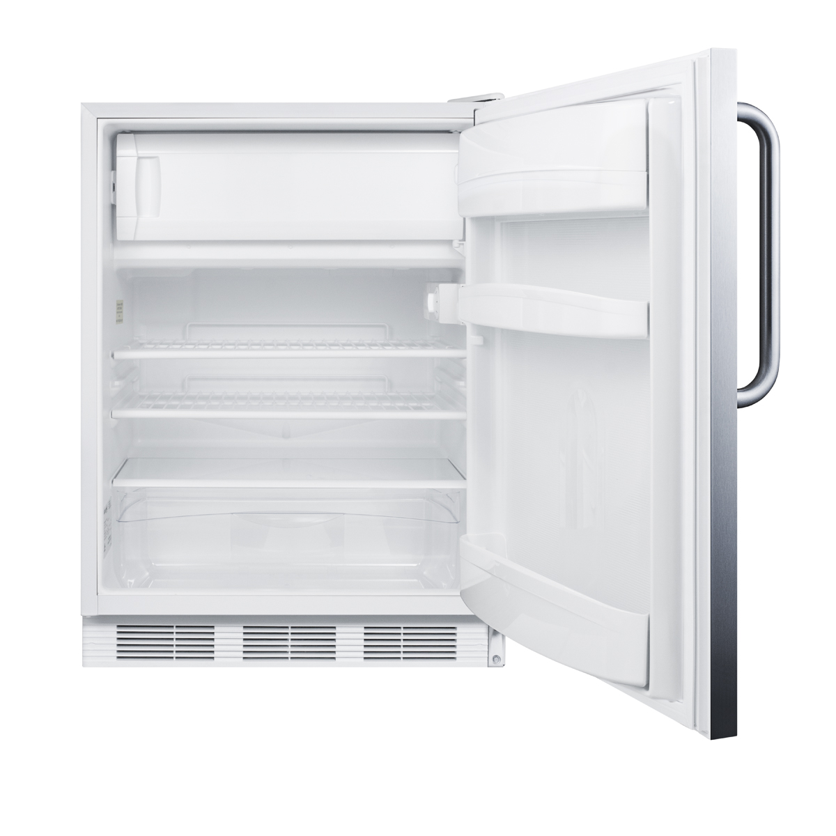 Built-in undercounter ADA compliant refrigerator-freezer for general purpose use, w/dual evaporator cooling, cycle defrost, lock, and SS exterior